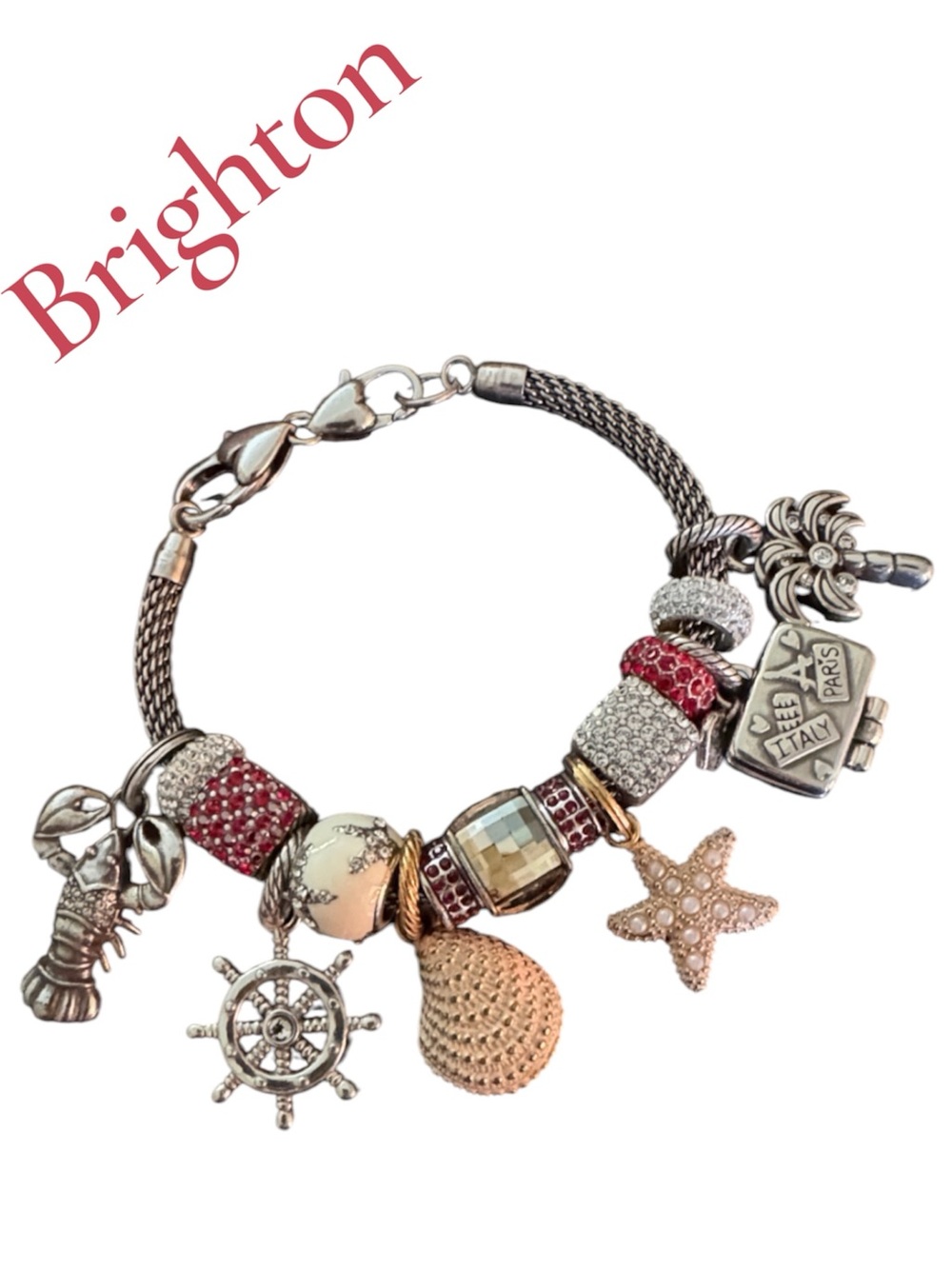 BRIGHTON Beach / Vacation / Travel Charm Bracelet w/Red/Gold Accents - 15 Charms